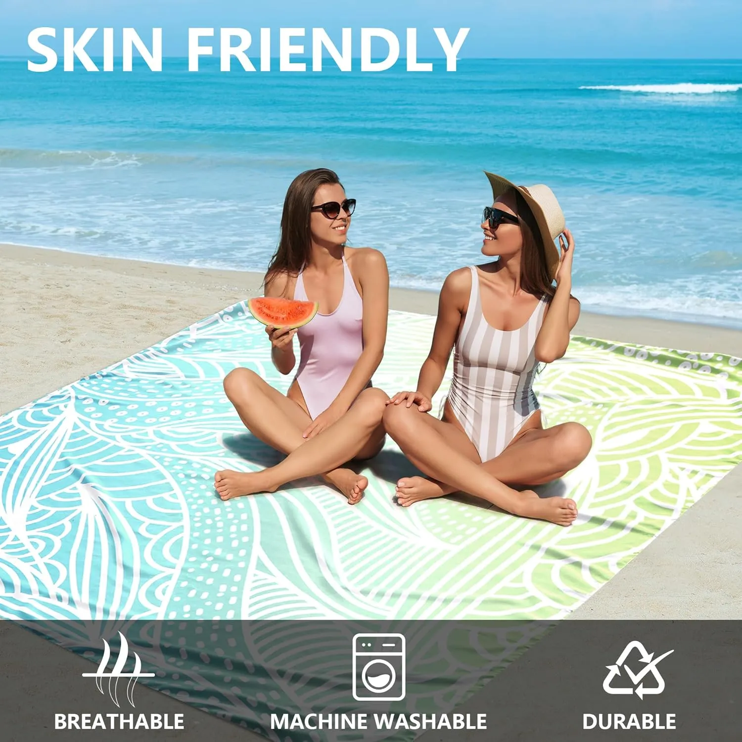 Beach Blanket Waterproof Sandproof Beach Mat for 1-8 Adults Quick Drying Durable Outdoor Picnic Mat for Beach Festival Travel Camping Hiking (Gradiant BL&GN-Ripple, 120"×108"(8 Person))