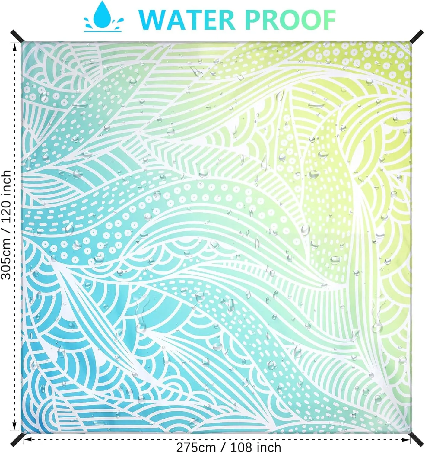 Beach Blanket Waterproof Sandproof Beach Mat for 1-8 Adults Quick Drying Durable Outdoor Picnic Mat for Beach Festival Travel Camping Hiking (Gradiant BL&GN-Ripple, 120"×108"(8 Person))