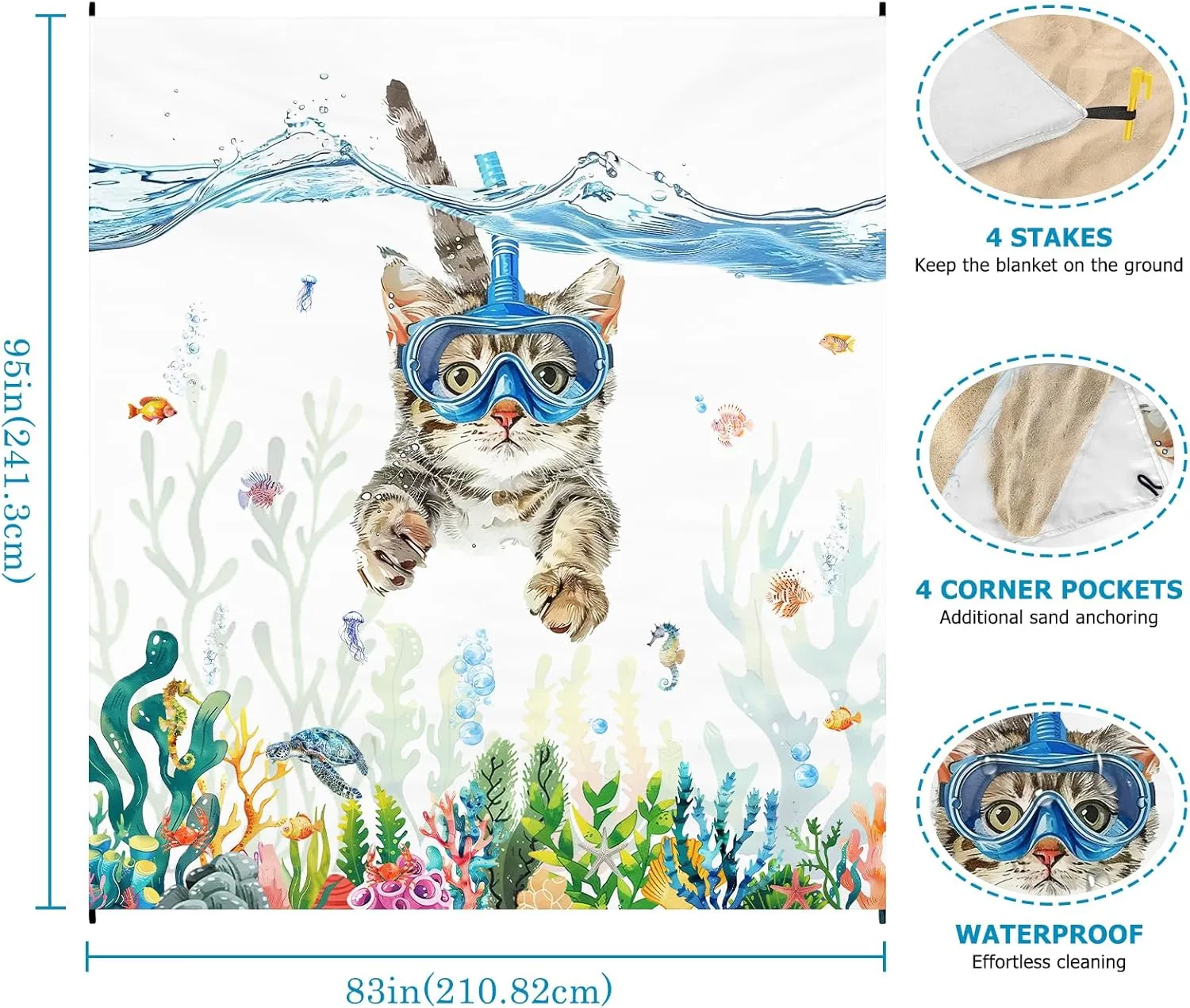 Beach Blanket Waterproof Sandproof, Diving Cat Beach Mat 83"×95"/8 × 7 FT for 4 Adults, Quick Drying Lightweight Outdoor Picnic Blanket Mat for Travel Camping Hiking, Beach Essentials for Vacation