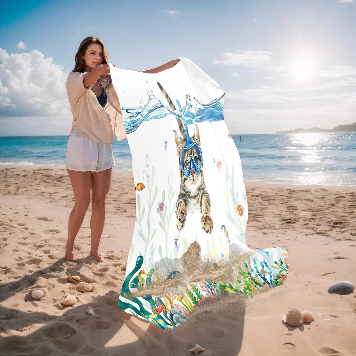 Beach Blanket Waterproof Sandproof, Diving Cat Beach Mat 83"×95"/8 × 7 FT for 4 Adults, Quick Drying Lightweight Outdoor Picnic Blanket Mat for Travel Camping Hiking, Beach Essentials for Vacation