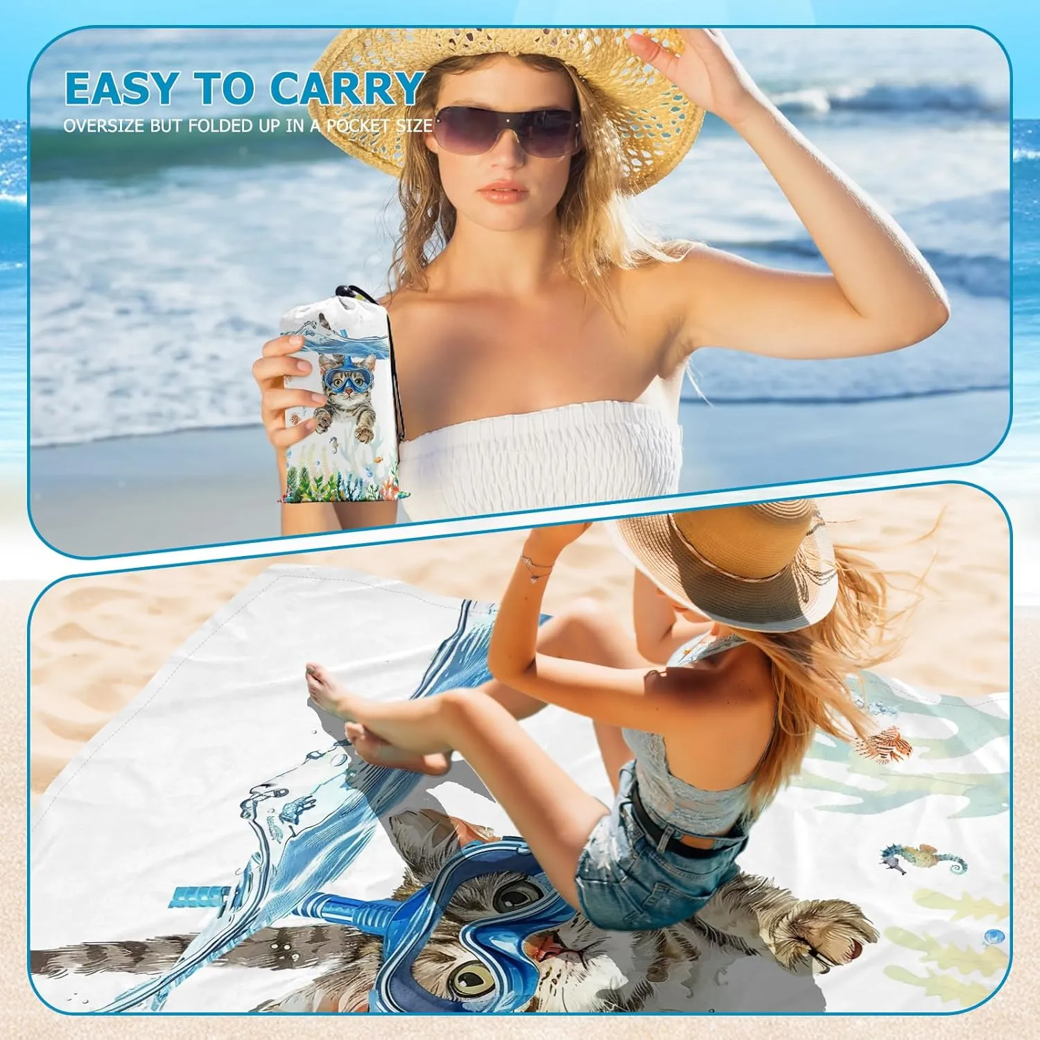 Beach Blanket Waterproof Sandproof, Diving Cat Beach Mat 83"×95"/8 × 7 FT for 4 Adults, Quick Drying Lightweight Outdoor Picnic Blanket Mat for Travel Camping Hiking, Beach Essentials for Vacation