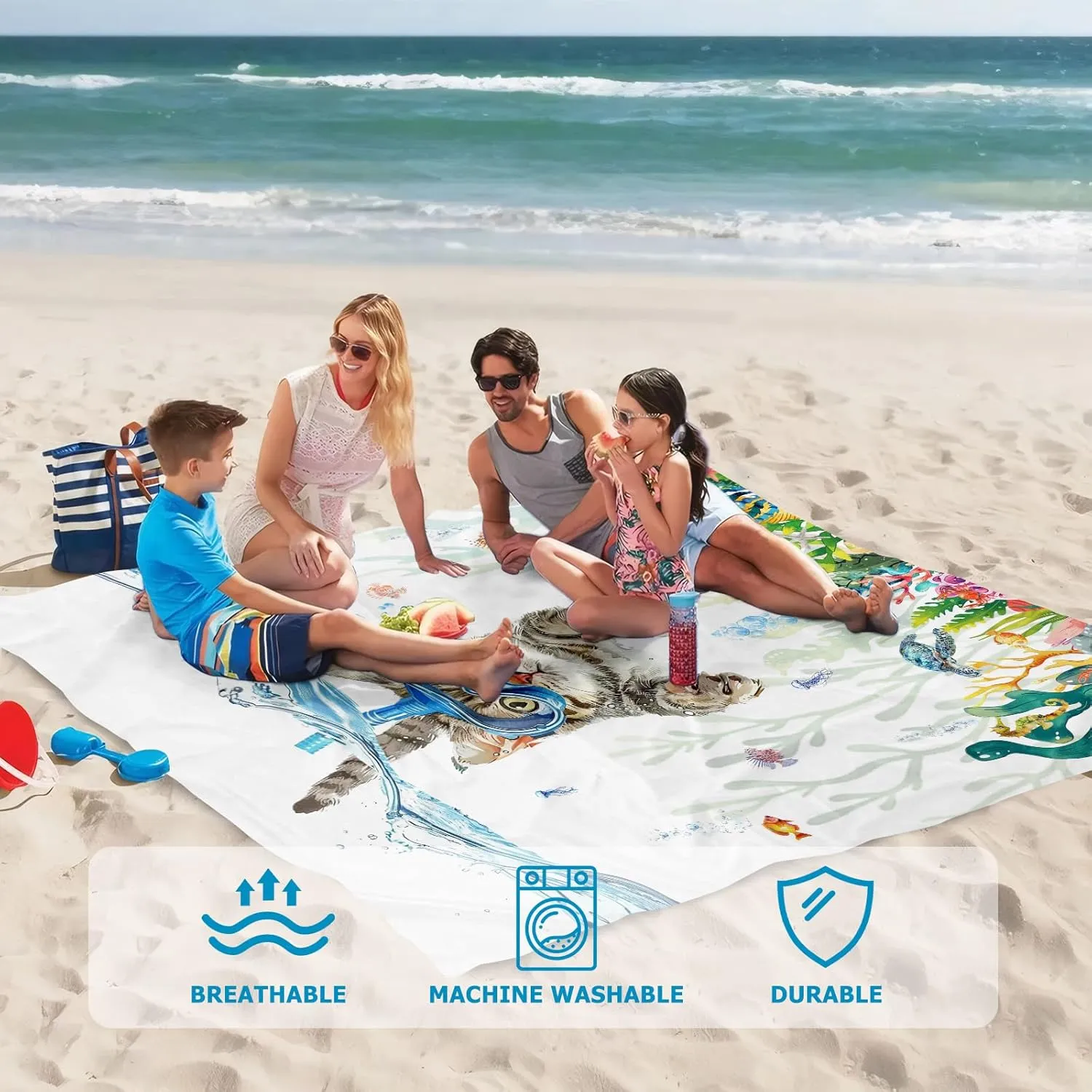 Beach Blanket Waterproof Sandproof, Diving Cat Beach Mat 83"×95"/8 × 7 FT for 4 Adults, Quick Drying Lightweight Outdoor Picnic Blanket Mat for Travel Camping Hiking, Beach Essentials for Vacation