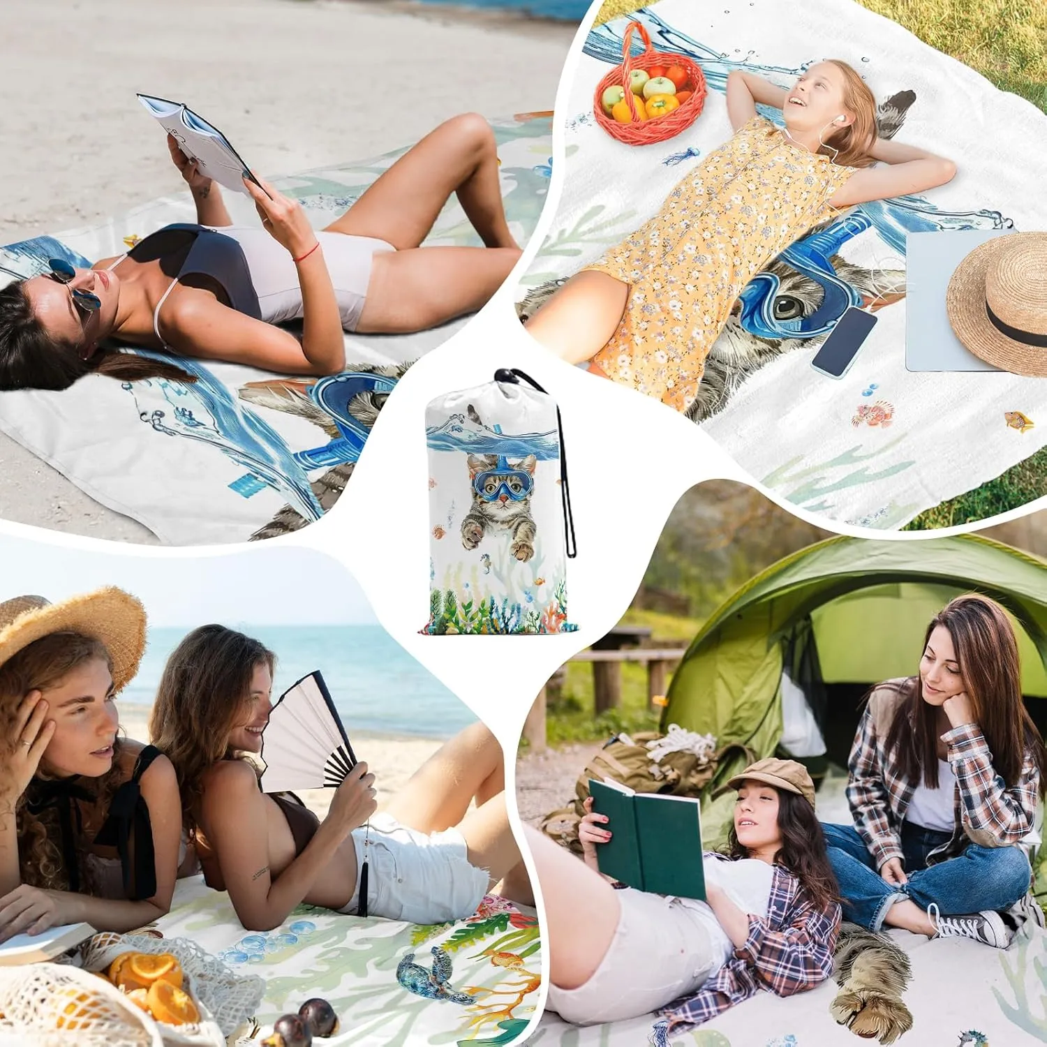 Beach Blanket Waterproof Sandproof, Diving Cat Beach Mat 83"×95"/8 × 7 FT for 4 Adults, Quick Drying Lightweight Outdoor Picnic Blanket Mat for Travel Camping Hiking, Beach Essentials for Vacation