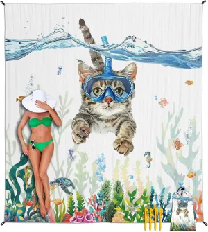 Beach Blanket Waterproof Sandproof, Diving Cat Beach Mat 83"×95"/8 × 7 FT for 4 Adults, Quick Drying Lightweight Outdoor Picnic Blanket Mat for Travel Camping Hiking, Beach Essentials for Vacation