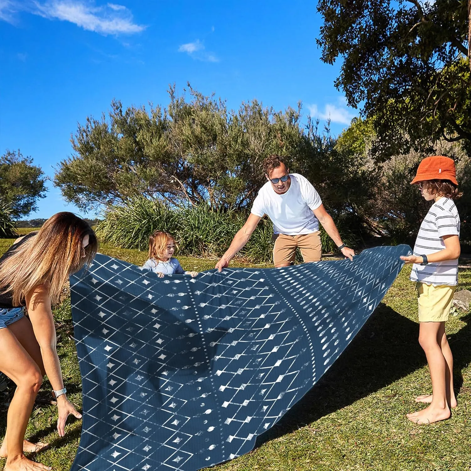 Beach Blanket Waterproof Sandproof, Large Beach Picnic Blankets Foldable Sand Free, Beach Mat Windproof w/Stakes and Corner Pocket for Outdoor, Travel, Camping, Hiking, Beach Essentials-Navy Geometry