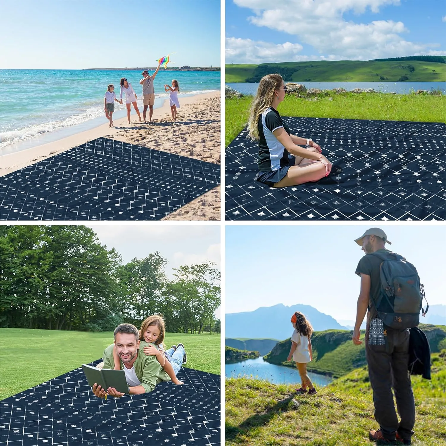 Beach Blanket Waterproof Sandproof, Large Beach Picnic Blankets Foldable Sand Free, Beach Mat Windproof w/Stakes and Corner Pocket for Outdoor, Travel, Camping, Hiking, Beach Essentials-Navy Geometry
