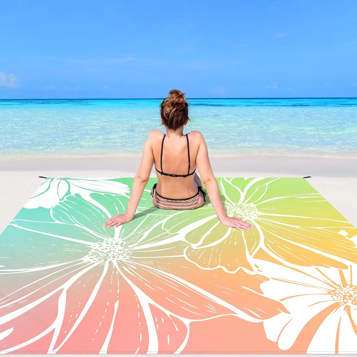 Beach Blanket Waterproof Sandproof Oversized, 110''×118'' Extra Large Beach Mat Sand Free, Lightweight Compact Foldable Picnic Blanket w/ 4 Stakes & Pockets for Camping, Travel, Beach Accessories