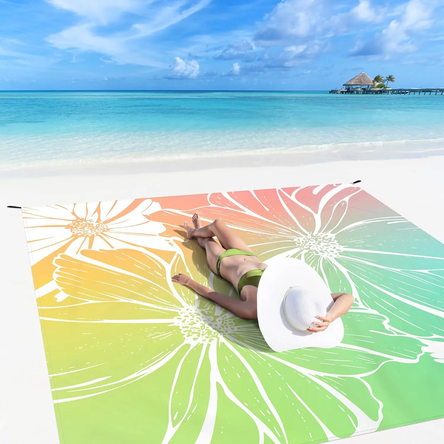 Beach Blanket Waterproof Sandproof Oversized, 110''×118'' Extra Large Beach Mat Sand Free, Lightweight Compact Foldable Picnic Blanket w/ 4 Stakes & Pockets for Camping, Travel, Beach Accessories