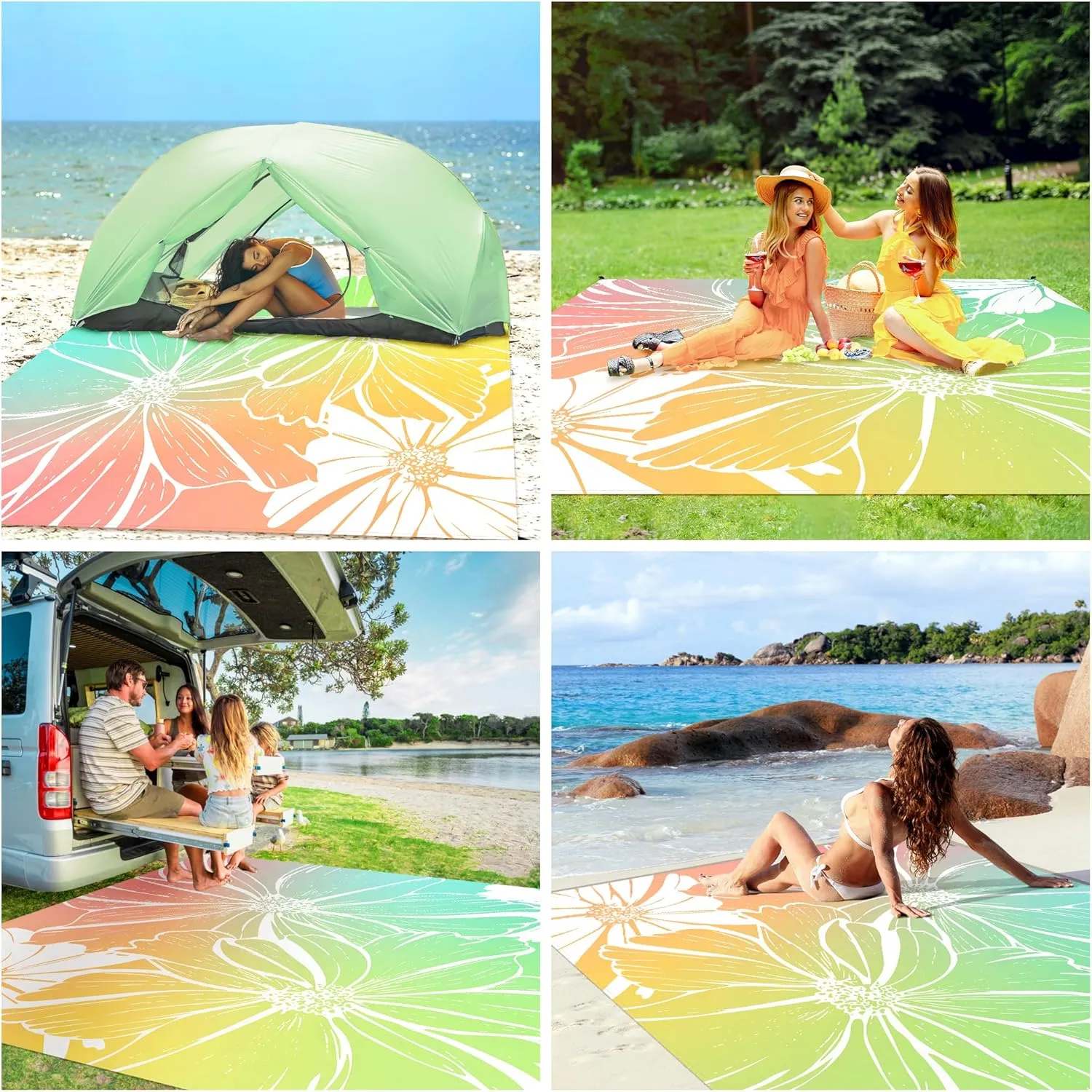 Beach Blanket Waterproof Sandproof Oversized, 110''×118'' Extra Large Beach Mat Sand Free, Lightweight Compact Foldable Picnic Blanket w/ 4 Stakes & Pockets for Camping, Travel, Beach Accessories