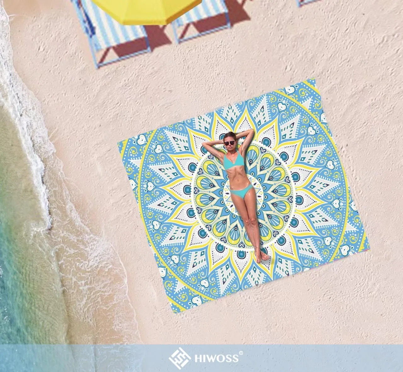 Beach Blanket Waterproof Sandproof Oversized 95”x 80”,Sand Free Beach Mat with Corner Pockets,Portable Mesh Bag for Beach Festival,Picnic,Travel and Outdoor Camping (Oceansunyellow)