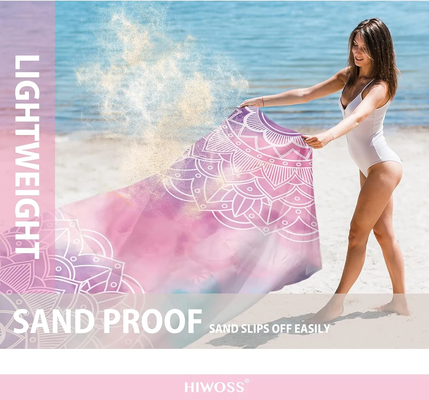 Beach Blanket Waterproof Sandproof Oversized 95”x 80”,Sand Free Beach Mat with Corner Pockets,Portable Mesh Bag (PinkMandala)