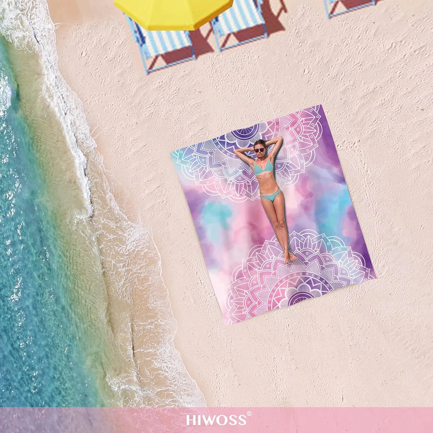 Beach Blanket Waterproof Sandproof Oversized 95”x 80”,Sand Free Beach Mat with Corner Pockets,Portable Mesh Bag (PinkMandala)