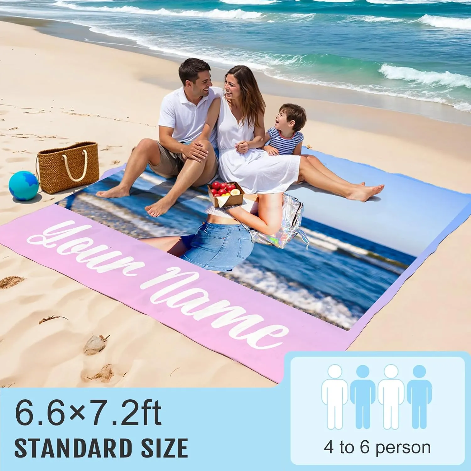 Beach Blanket Waterproof Sandproof, Personalized Large Mat with 4 Stakes Pockets, Custom Name Photo Beach Gifts, Picnic Blanket for Outdoor, Vacation, Camping
