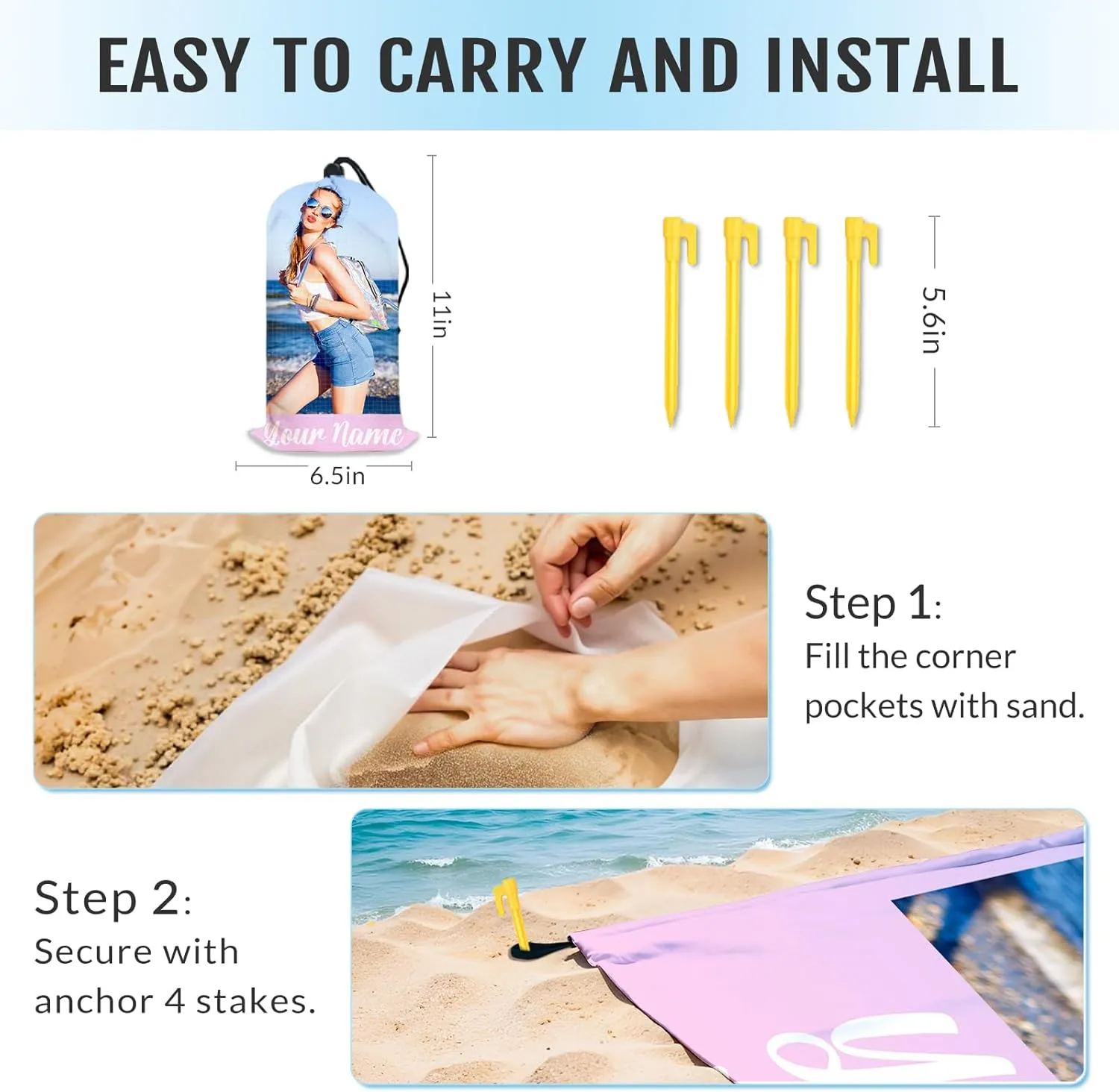 Beach Blanket Waterproof Sandproof, Personalized Large Mat with 4 Stakes Pockets, Custom Name Photo Beach Gifts, Picnic Blanket for Outdoor, Vacation, Camping