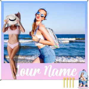 Beach Blanket Waterproof Sandproof, Personalized Large Mat with 4 Stakes Pockets, Custom Name Photo Beach Gifts, Picnic Blanket for Outdoor, Vacation, Camping