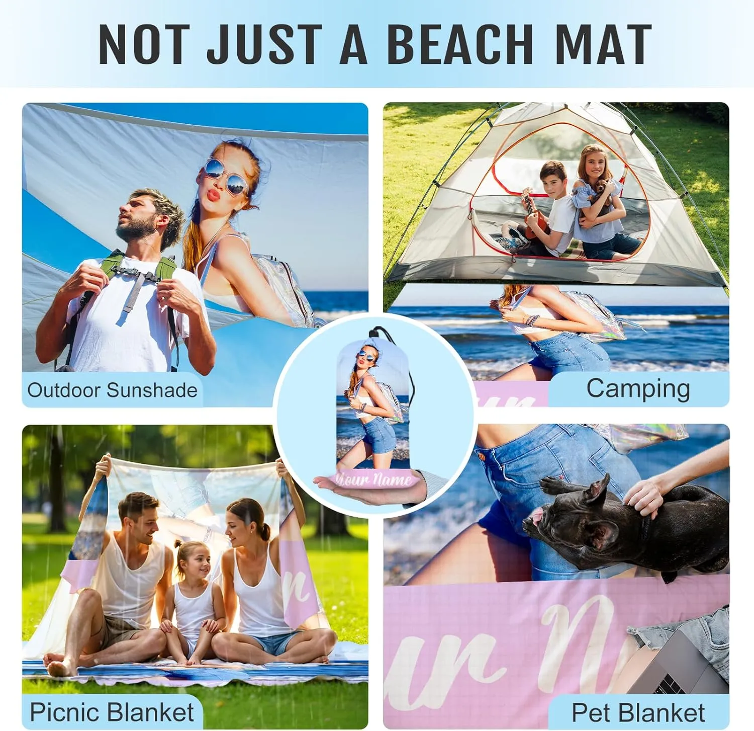 Beach Blanket Waterproof Sandproof, Personalized Large Mat with 4 Stakes Pockets, Custom Name Photo Beach Gifts, Picnic Blanket for Outdoor, Vacation, Camping