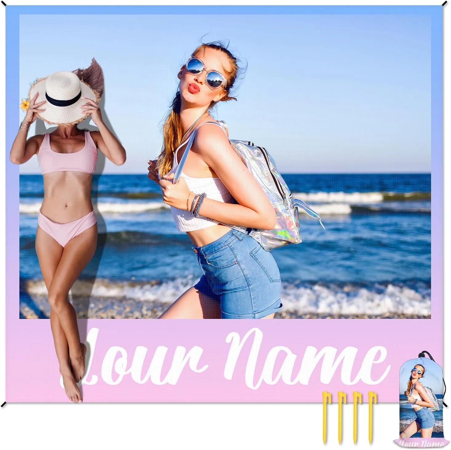 Beach Blanket Waterproof Sandproof, Personalized Large Mat with 4 Stakes Pockets, Custom Name Photo Beach Gifts, Picnic Blanket for Outdoor, Vacation, Camping