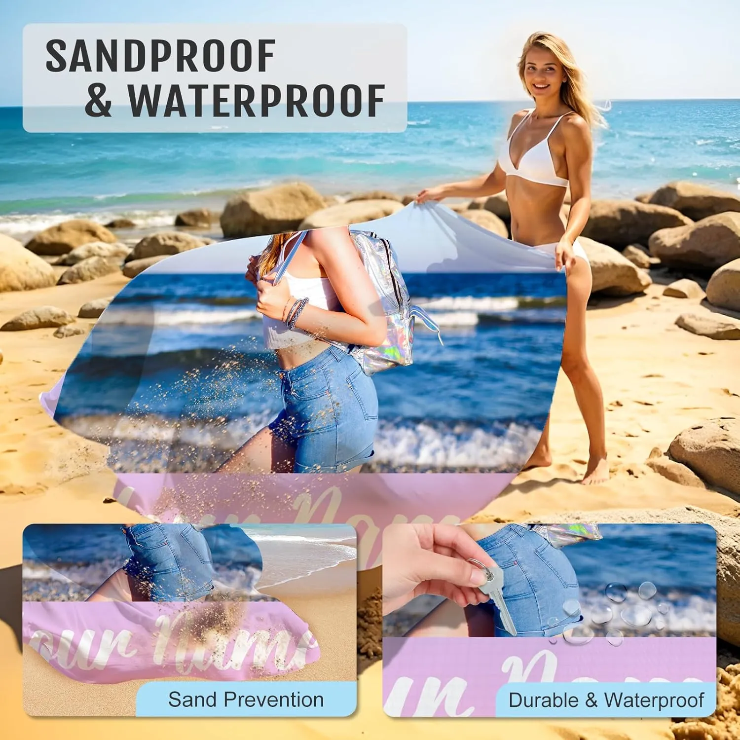 Beach Blanket Waterproof Sandproof, Personalized Large Mat with 4 Stakes Pockets, Custom Name Photo Beach Gifts, Picnic Blanket for Outdoor, Vacation, Camping