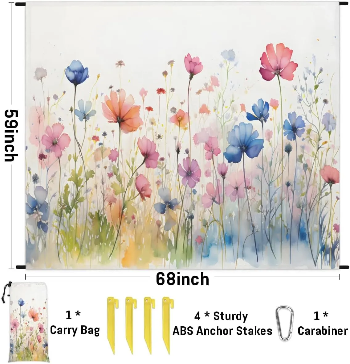 Beach Blanket, Wildflowers Floral Spring Sandproof Beach Mat, Waterproof Quick Drying Sand Free Mat with 4 x Ground Spikes for Outdoor Travel Camping Hiking, Flowers Summer 68 x 59 in