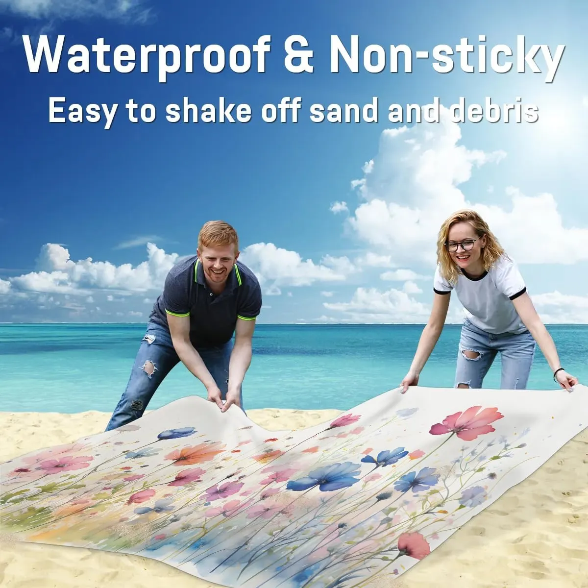 Beach Blanket, Wildflowers Floral Spring Sandproof Beach Mat, Waterproof Quick Drying Sand Free Mat with 4 x Ground Spikes for Outdoor Travel Camping Hiking, Flowers Summer 68 x 59 in