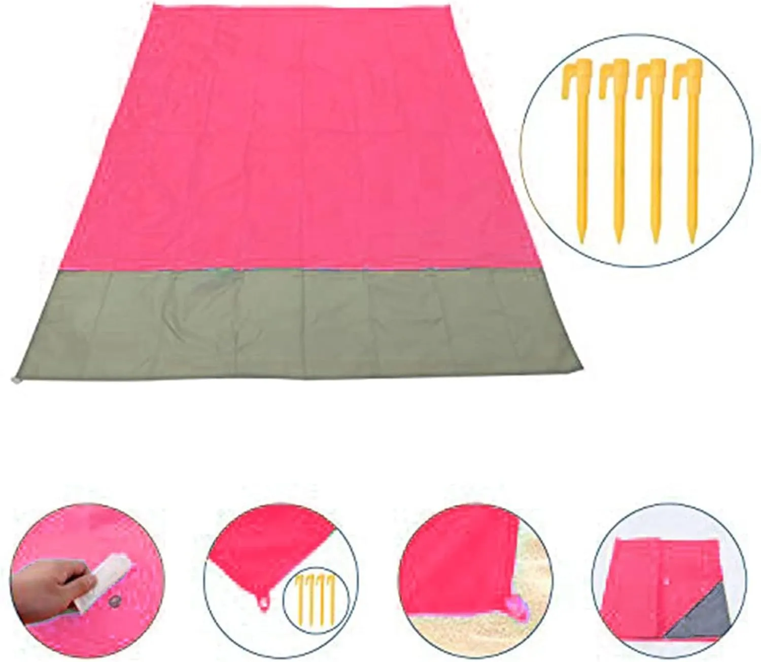 Beach Blankets Folding Pocket Blanket with Ground Peg Portable Outdoor Sand Beach Mat Blanket Waterproof Picnic Mat Camping Mattress Pad(Pink)