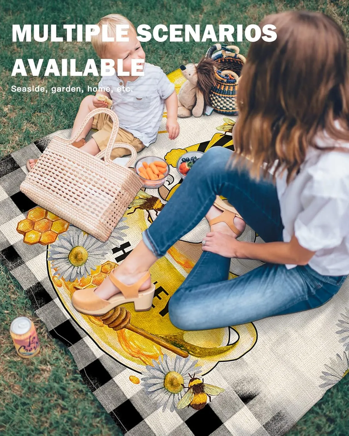 Bee Gnomes Beach Blanket Large with Stakes Waterproof Sandproof Beach Mat with Corner Pockets for Outdoor Travel Camping Hiking Picnic Essentials,Honey Spring Summer Country Rustic Plaid Daisy 95"x80"