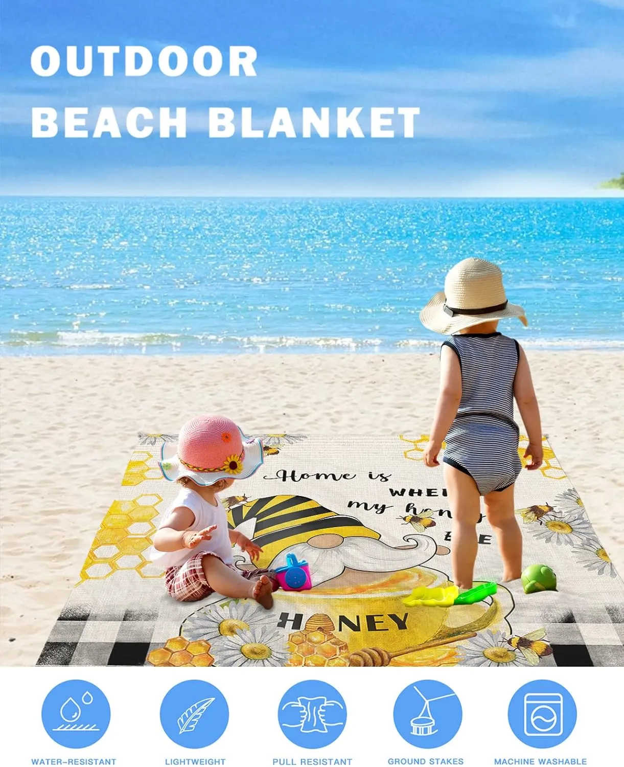Bee Gnomes Beach Blanket Large with Stakes Waterproof Sandproof Beach Mat with Corner Pockets for Outdoor Travel Camping Hiking Picnic Essentials,Honey Spring Summer Country Rustic Plaid Daisy 95"x80"