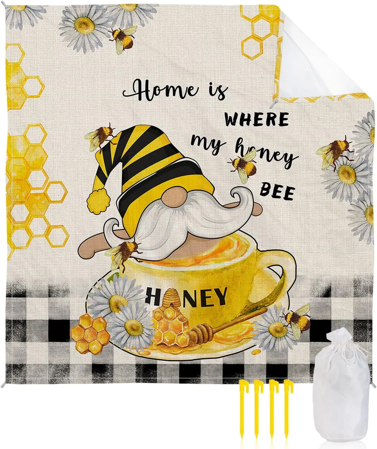 Bee Gnomes Beach Blanket Large with Stakes Waterproof Sandproof Beach Mat with Corner Pockets for Outdoor Travel Camping Hiking Picnic Essentials,Honey Spring Summer Country Rustic Plaid Daisy 95"x80"