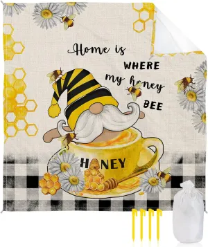 Bee Gnomes Beach Blanket Large with Stakes Waterproof Sandproof Beach Mat with Corner Pockets for Outdoor Travel Camping Hiking Picnic Essentials,Honey Spring Summer Country Rustic Plaid Daisy 95"x80"