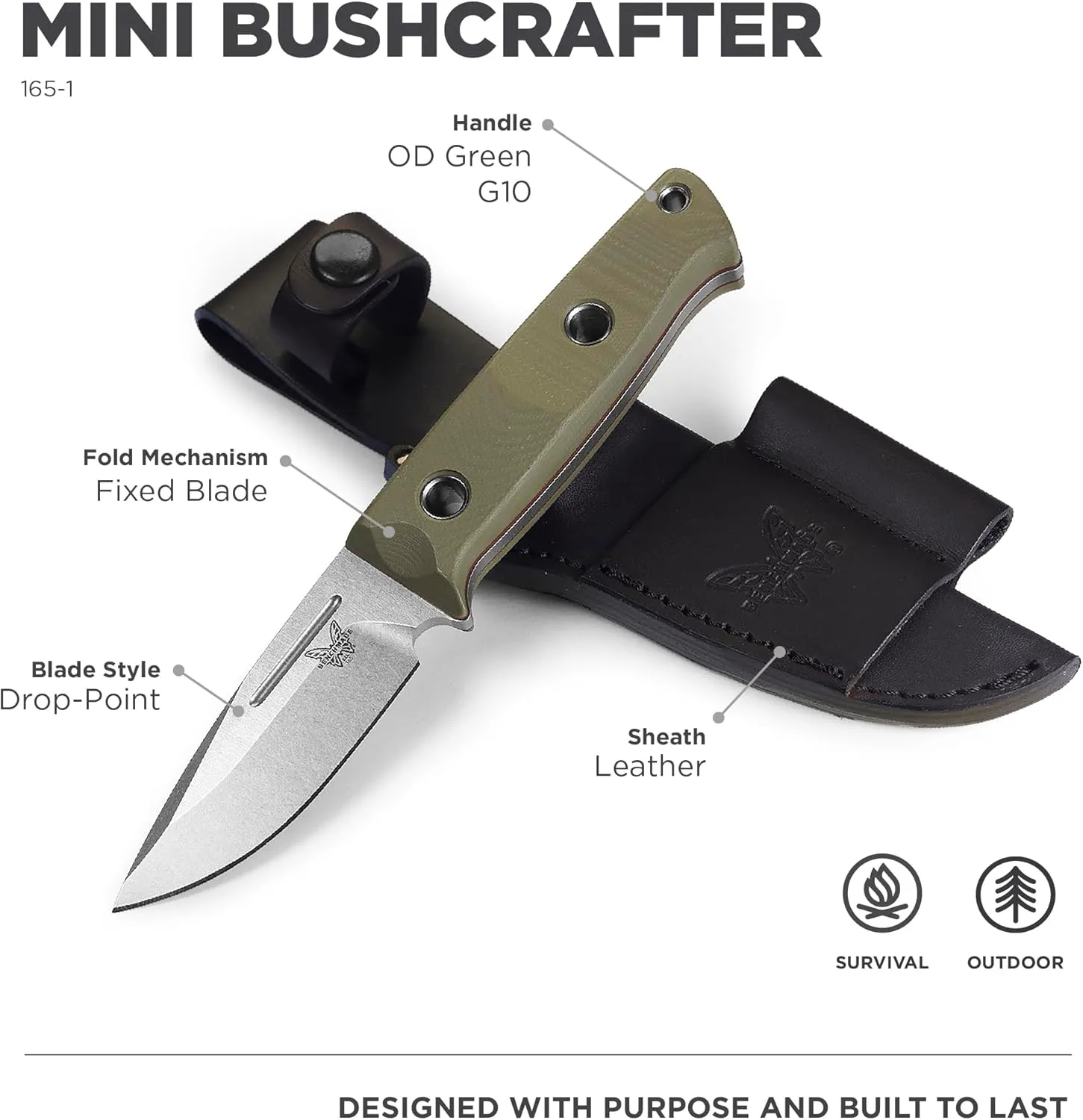 Benchmade - Mini Bushcrafter 165 Survival Knife with OD Green G10 Handle (165-1)