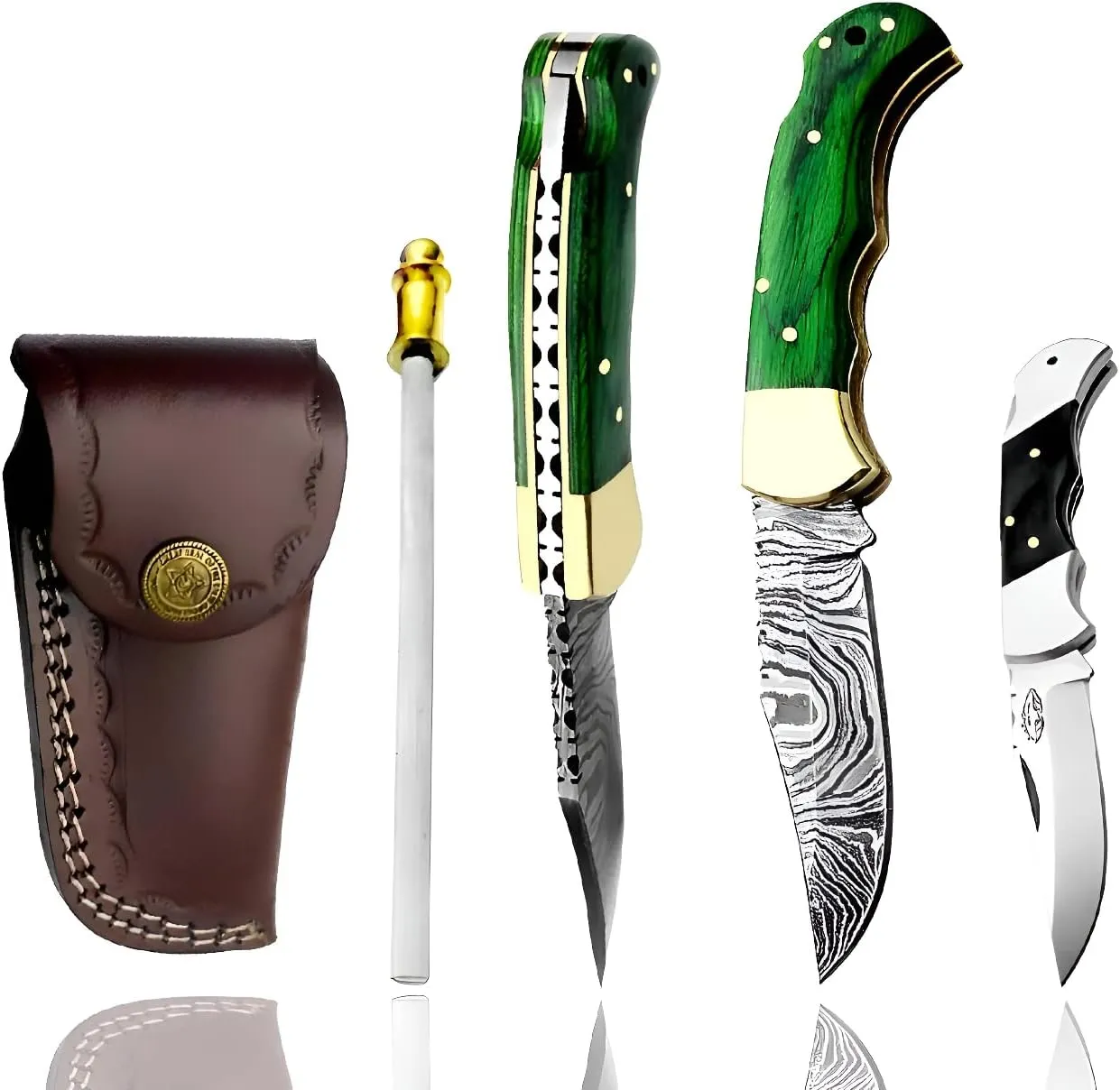 Best.Buy.Damascus1 Damascus pocket knife Green Wood knife Folding knife, Pocket Knife For Men, Pocket Knife 3Pcs Knife Set Come With knife sharpeners Premium Quality gifts for men