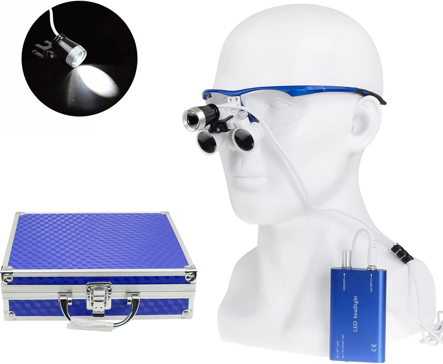 Binocular Loupes 2.5X 420mm Adjustable Distance Optical Glass with White LED Headlight Headlamp Aluminum Box (Blue)