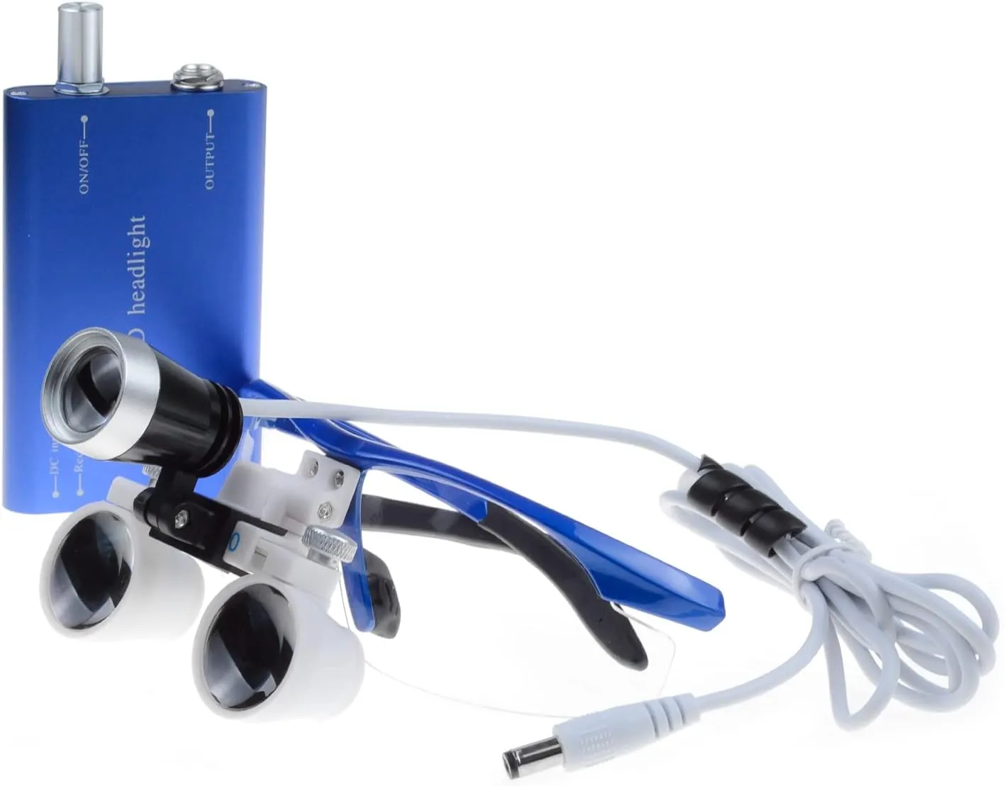 Binocular Loupes 2.5X 420mm Adjustable Distance Optical Glass with White LED Headlight Headlamp Aluminum Box (Blue)