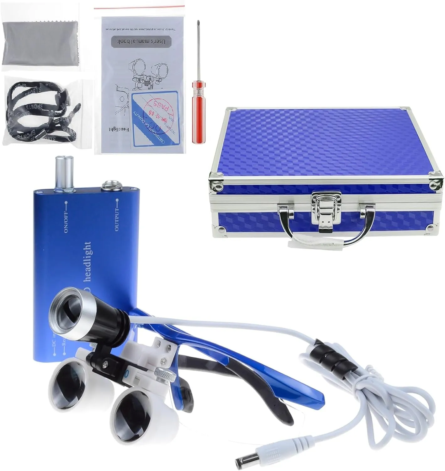 Binocular Loupes 2.5X 420mm Adjustable Distance Optical Glass with White LED Headlight Headlamp Aluminum Box (Blue)