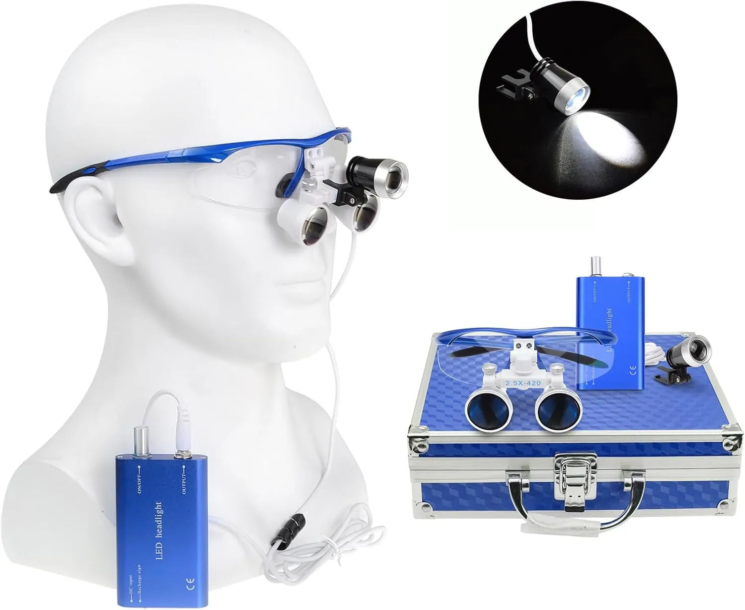 Binocular Loupes 2.5X 420mm Adjustable Distance Optical Glass with White LED Headlight Headlamp Aluminum Box (Blue)