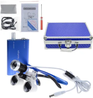 Binocular Loupes 2.5X 420mm Adjustable Distance Optical Glass with White LED Headlight Headlamp Aluminum Box (Blue)