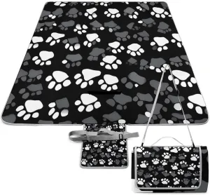 Black and White Paw Print Picnic Blanket Portable Outdoor Mat Waterproof Machine Washable Foldable Park Mat with Sandproof Backing for Grass, Hiking, Travel