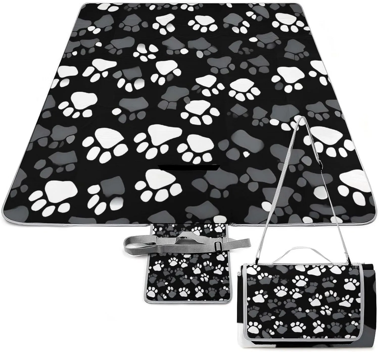 Black and White Paw Print Picnic Blanket Portable Outdoor Mat Waterproof Machine Washable Foldable Park Mat with Sandproof Backing for Grass, Hiking, Travel