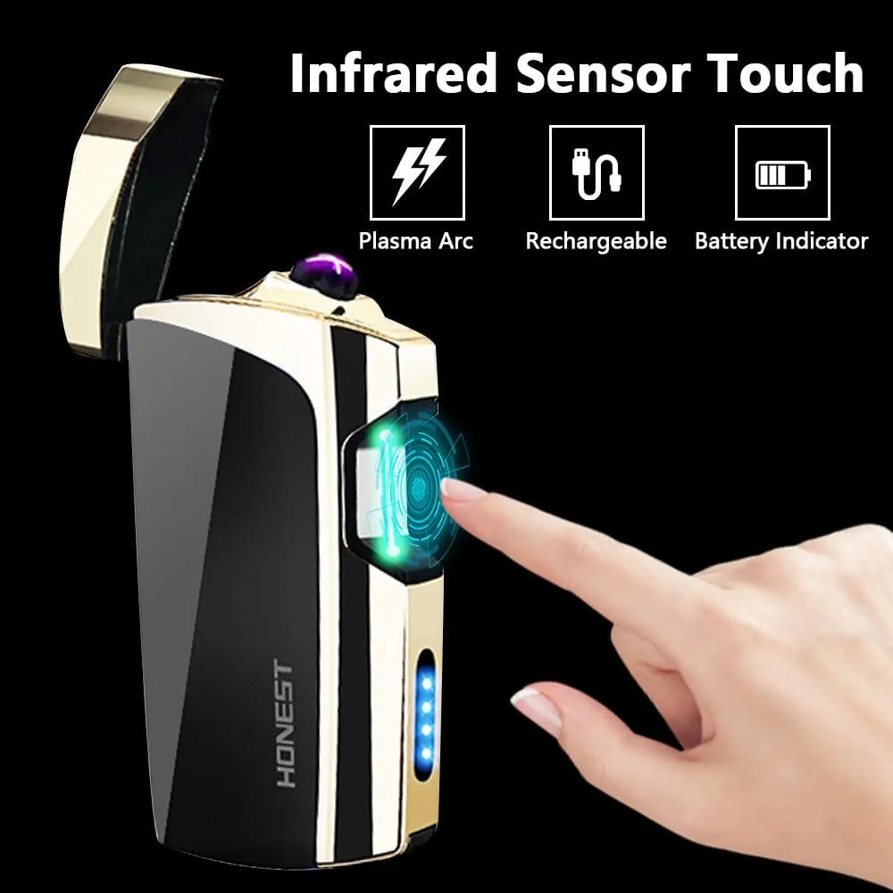 Black Electric Plasma Lighter - Windproof Dual Arc, Infrared Sensor, Rechargeable USB, LED Battery Indicator