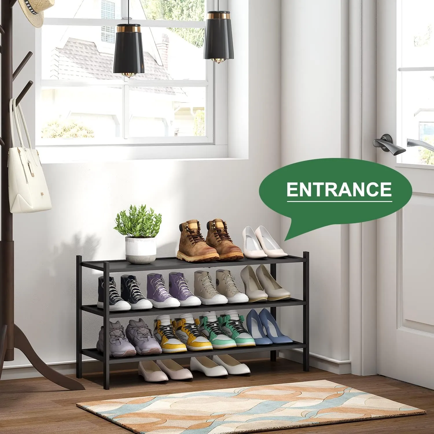 Black Long Shoe Rack, 3-Tier Bamboo Wood Shoe Rack for Entryway, Stackable | Foldable | Natural, Shoe Organizer for Hallway Closet, Free Standing Shoe Racks for Indoor Outdoor