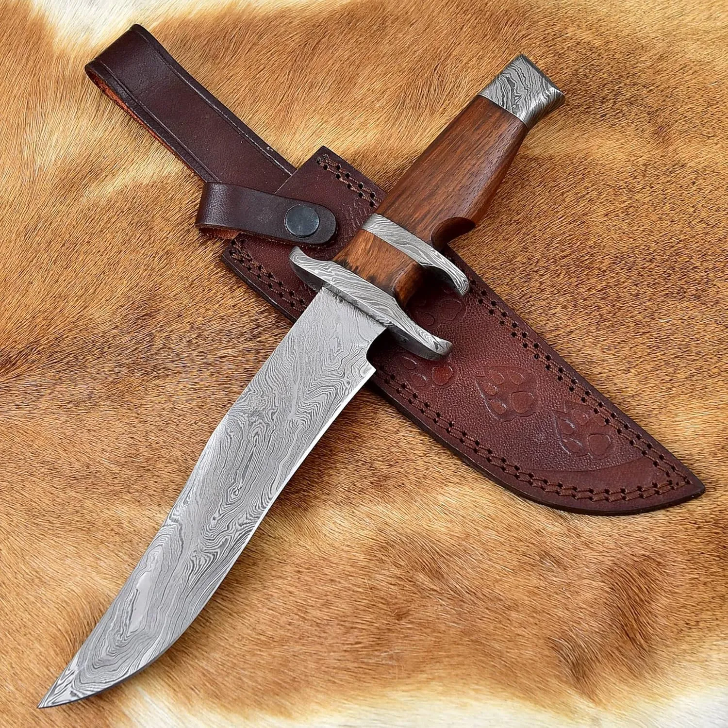 Blacksmith Custom Handmade Damascus Steel Bowie Knife - Fixed Blade Hunting Knife with Leather Sheath (BSCK-HK-1101)