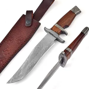 Blacksmith Custom Handmade Damascus Steel Bowie Knife - Fixed Blade Hunting Knife with Leather Sheath (BSCK-HK-1101)
