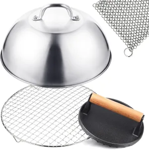 Blackstone Griddle Accessories, Commercial Grade 11.5" Heavy Duty Melting Dome, Round Burger Press and Multipurpose Wire Rack, Stainless Steel Cast Iron Cleaner 5"x5" Best for Flat Top Grill Cooking