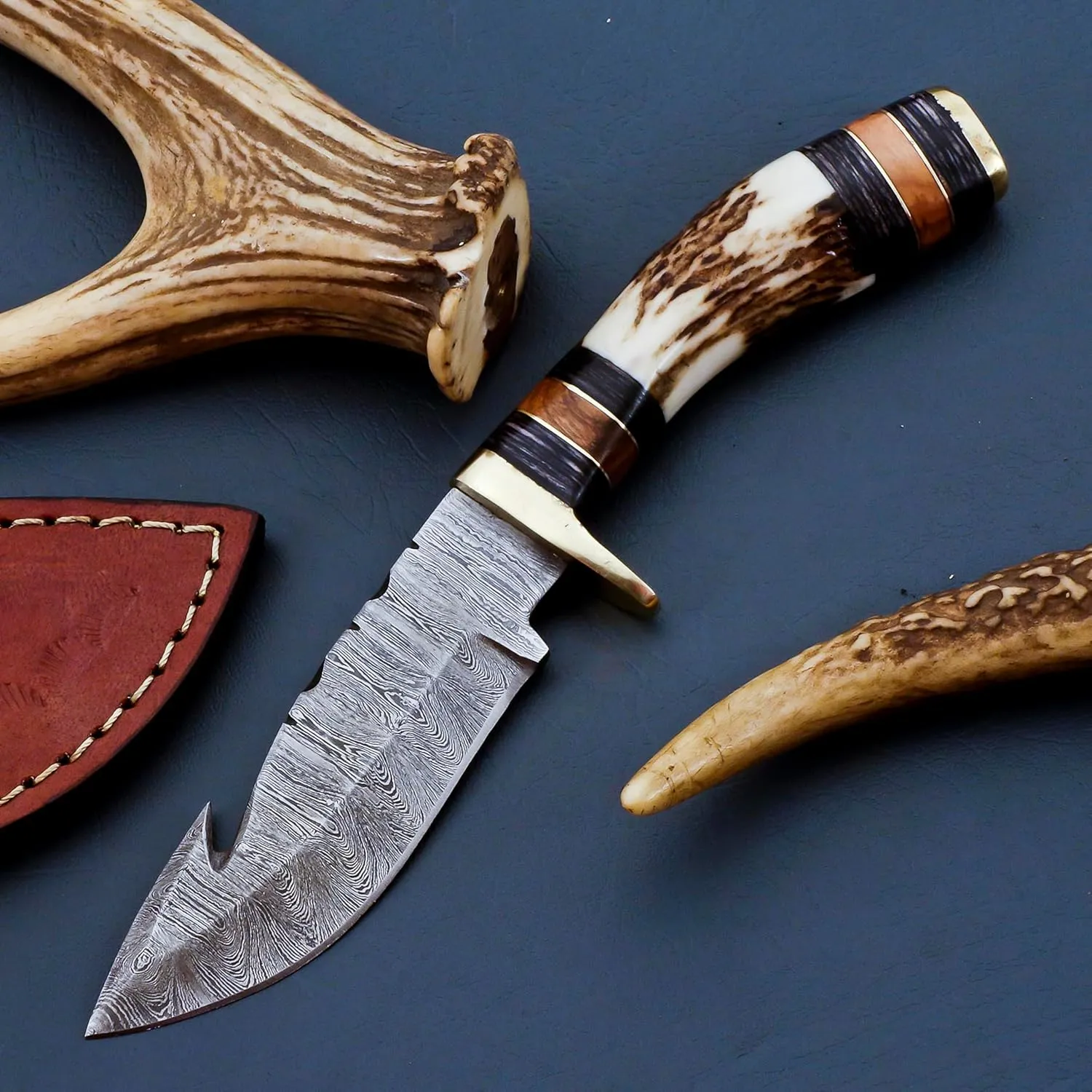 BLAYDZ Damascus Steel Deer Hunting Knife with Gut Hook Stag Horn Handle - 8" Overall Length Hunting Knife with Guk Hook blade with Leather Sheath (Gut Hook)