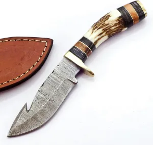 BLAYDZ Damascus Steel Deer Hunting Knife with Gut Hook Stag Horn Handle - 8" Overall Length Hunting Knife with Guk Hook blade with Leather Sheath (Gut Hook)