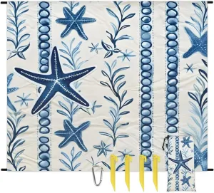 Blue Starfish Beach Blanket, Sandproof Beach Mat, 68 x 59 Waterproof Quick Drying Sand Free Mat with 4 x Ground Spikes for Outdoor Travel Camping Hiking, Summer Beach