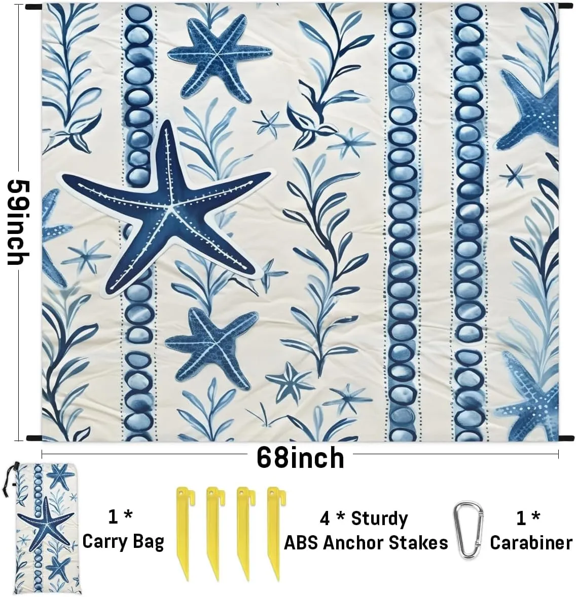 Blue Starfish Beach Blanket, Sandproof Beach Mat, 68 x 59 Waterproof Quick Drying Sand Free Mat with 4 x Ground Spikes for Outdoor Travel Camping Hiking, Summer Beach
