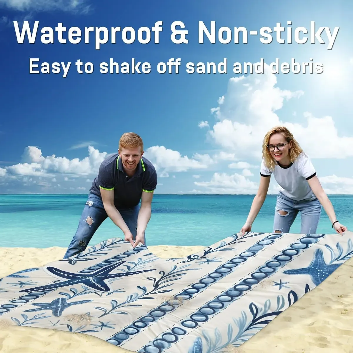 Blue Starfish Beach Blanket, Sandproof Beach Mat, 68 x 59 Waterproof Quick Drying Sand Free Mat with 4 x Ground Spikes for Outdoor Travel Camping Hiking, Summer Beach