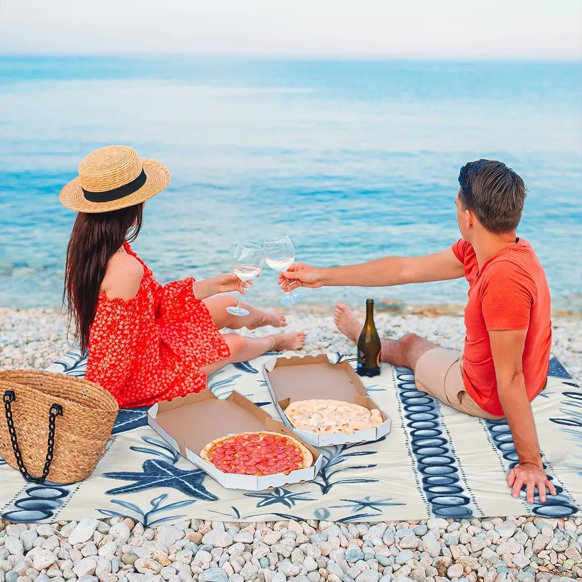 Blue Starfish Beach Blanket, Sandproof Beach Mat, 68 x 59 Waterproof Quick Drying Sand Free Mat with 4 x Ground Spikes for Outdoor Travel Camping Hiking, Summer Beach