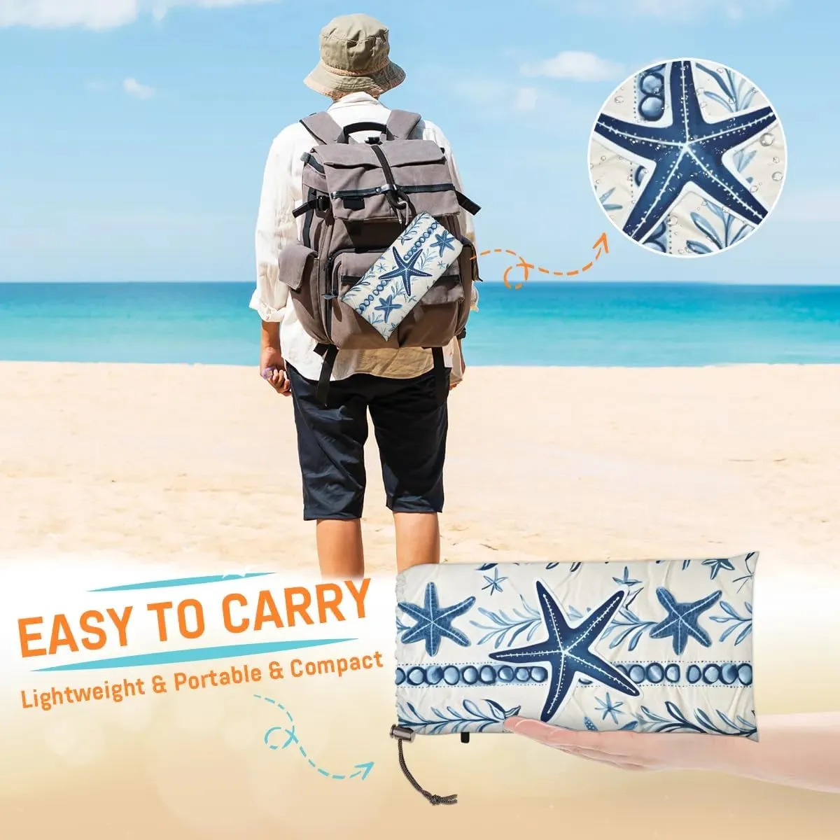 Blue Starfish Beach Blanket, Sandproof Beach Mat, 68 x 59 Waterproof Quick Drying Sand Free Mat with 4 x Ground Spikes for Outdoor Travel Camping Hiking, Summer Beach